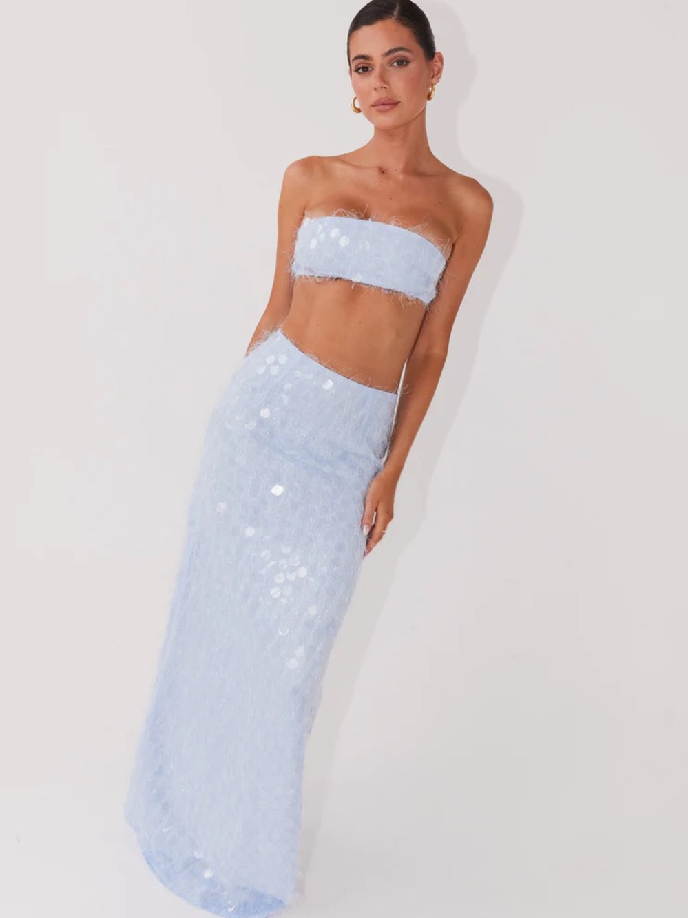 Peppermayo Light Blue Feathered Sequin Bandeau & Maxi Skirt Set - Picture 1 of 4